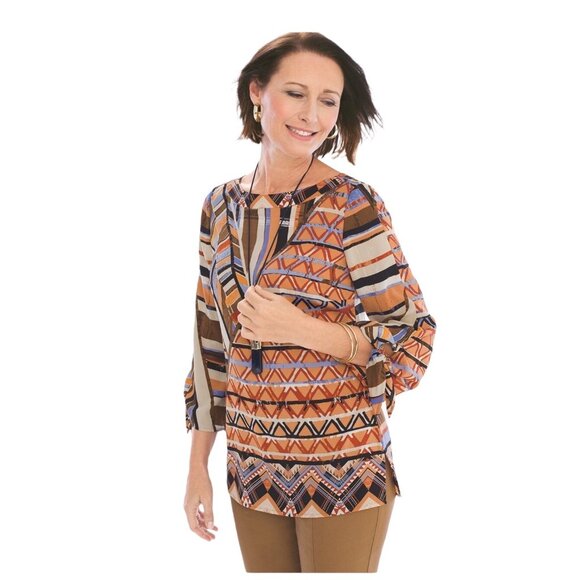 Chico's Blouse Geo Boho Aztec Tribal Tie Sleeve Women Size 1Medium Multi-Color - Picture 1 of 11